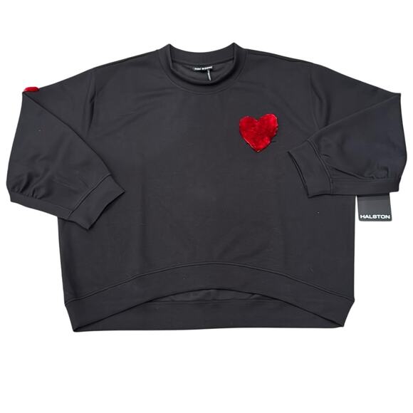 NWT Halston Women's Fuzzy Heart Oversized Sweatshirt Black Size XL - Picture 1 of 14